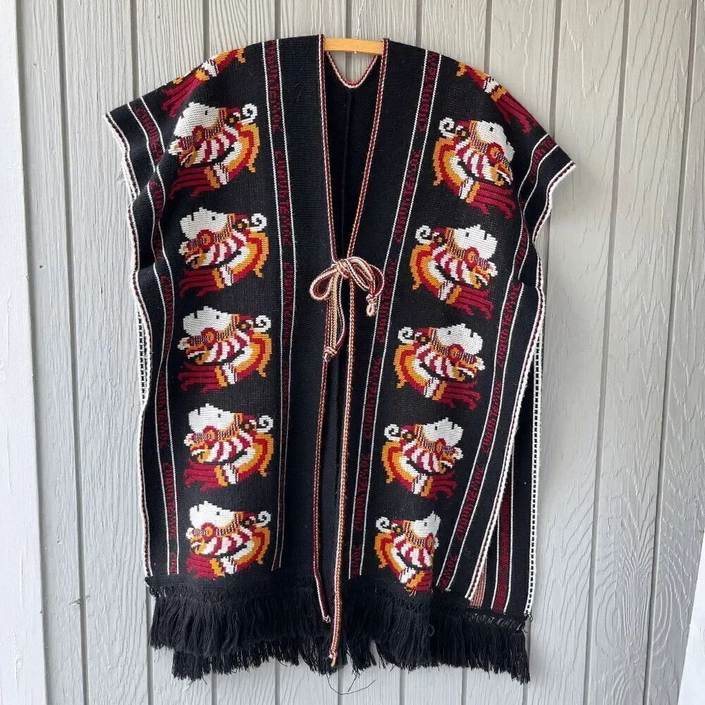 Vintage 70s Knit Aztec Festival Poncho Travel with Fringe, Tie Front
